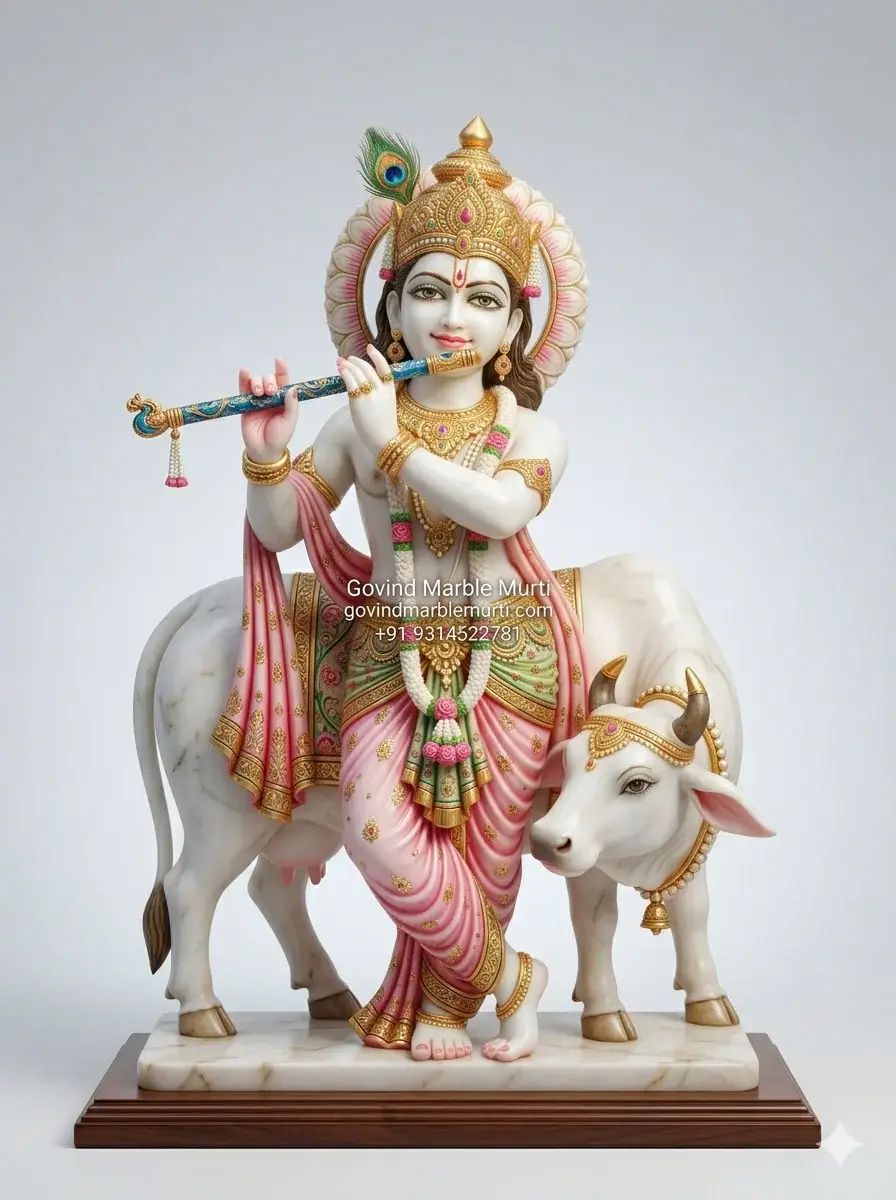 Krishna With Cow Marble Murti